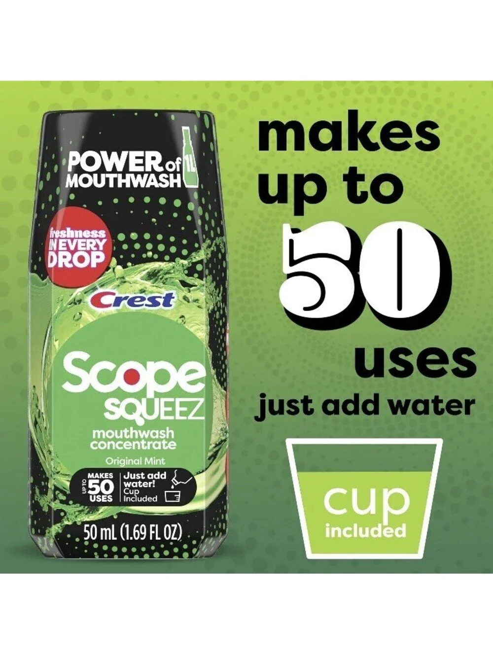 Crest Scope Squeez Mouthwash Concentrate Original Mint 1.69 Fl OZ Travel 50 Uses